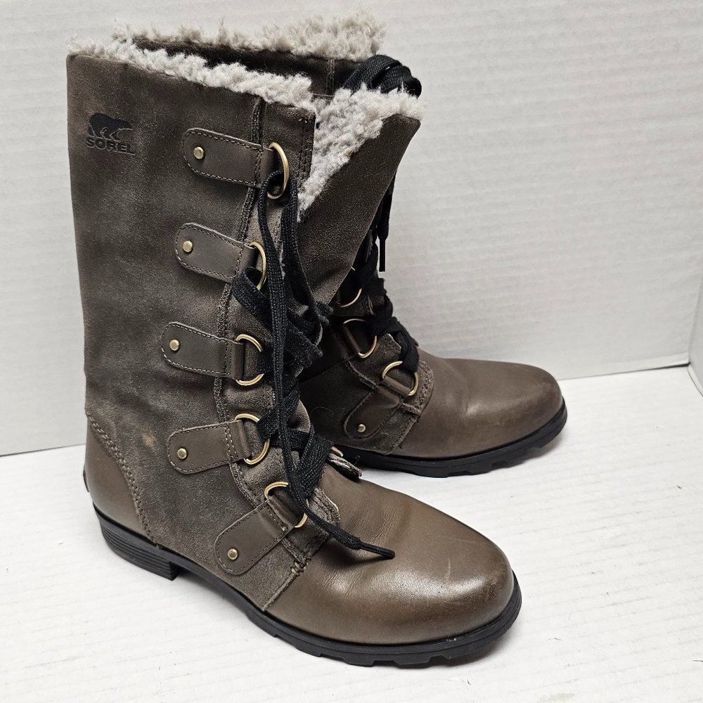 Sorel Women's Sherpa Faux Fur Inside Gray Emelie Emily Lace Up Boots 8.5 39.5